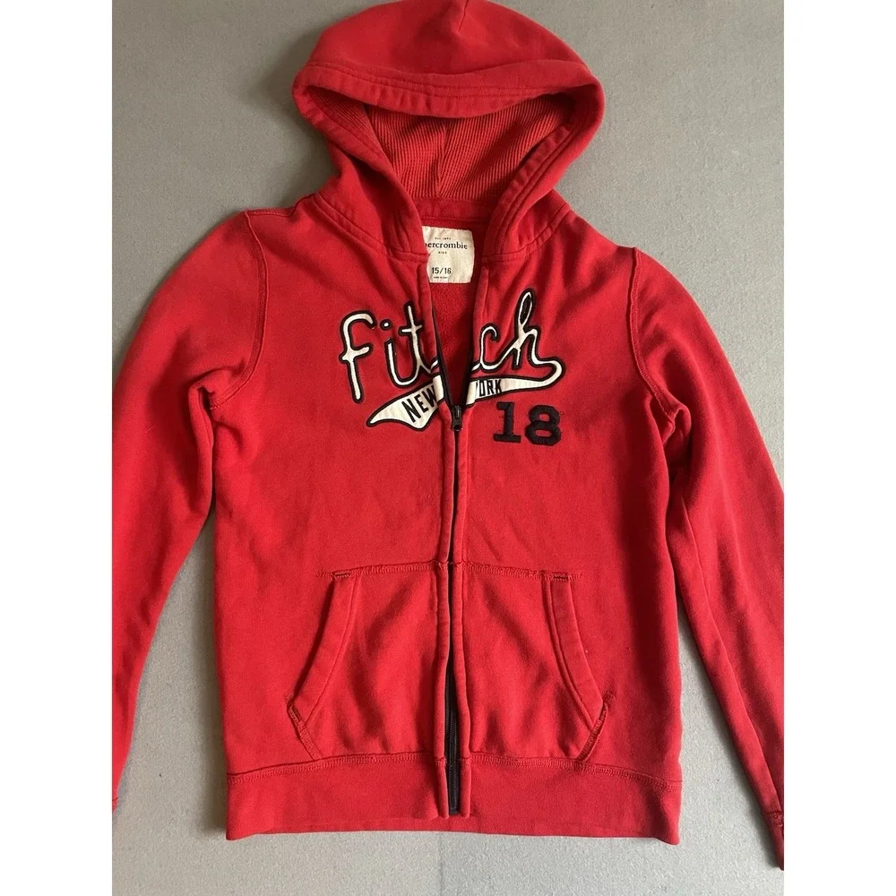 Abercrombie & Fitch 14/16 Kids Zip Hoodie Sweatshirt‎ Red Y2K NY Holiday Unisex
